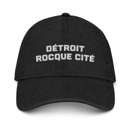 'Détroit Rocque Cité' Denim Baseball Cap | White/Navy Embroidery - Circumspice Michigan