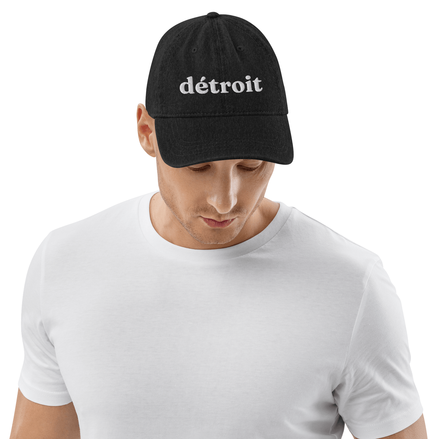 'Détroit' Denim Baseball Cap | White/Navy Embroidery - Circumspice Michigan