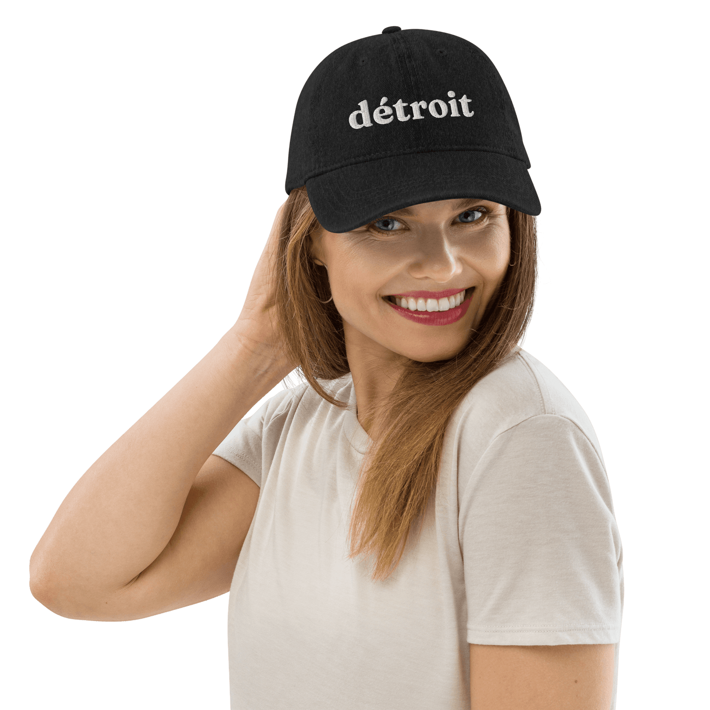 'Détroit' Denim Baseball Cap | White/Navy Embroidery - Circumspice Michigan