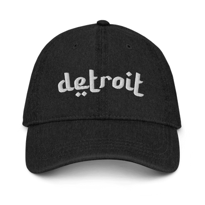 'Detroit' Denim Baseball Cap (Arabic-Style Font) | While/Black Embroidery - Circumspice Michigan