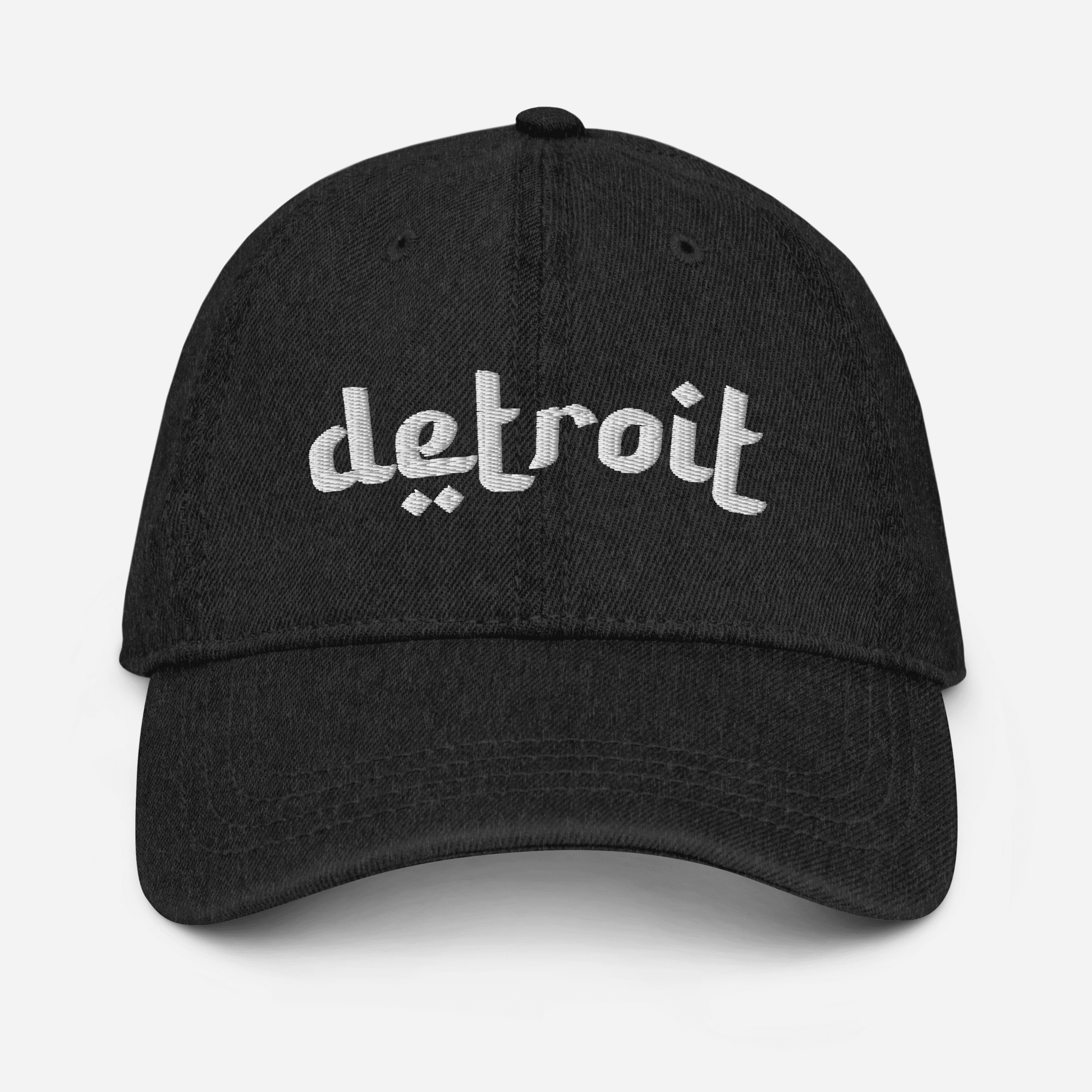 'Detroit' Denim Baseball Cap (Arabic-Style Font) | While/Black Embroidery - Circumspice Michigan