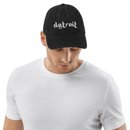 'Detroit' Denim Baseball Cap (Arabic-Style Font) | While/Black Embroidery - Circumspice Michigan