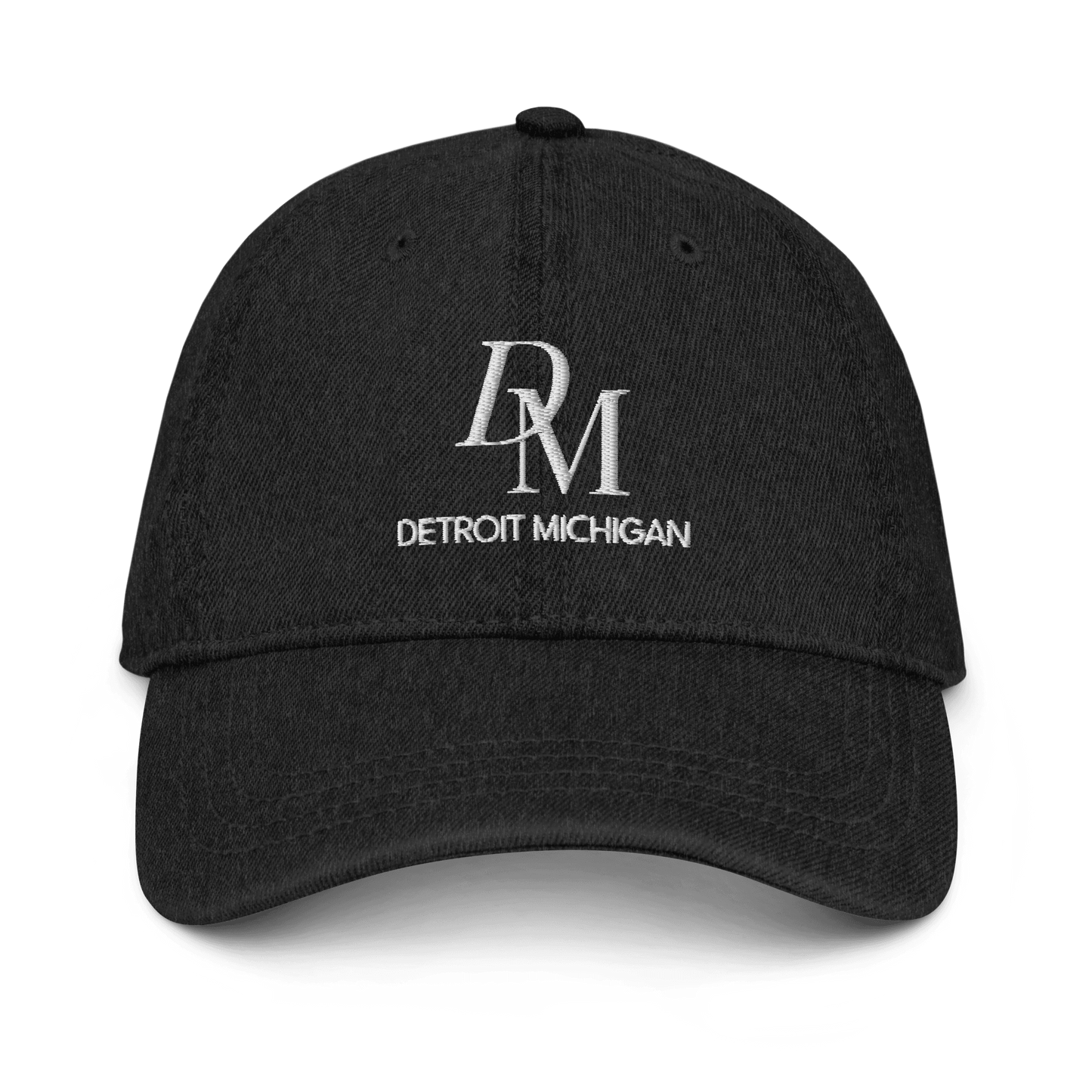 'DM Detroit Michigan' Denim Baseball Cap (Luxury Goods Parody) | White/Black Embroidery - Circumspice Michigan