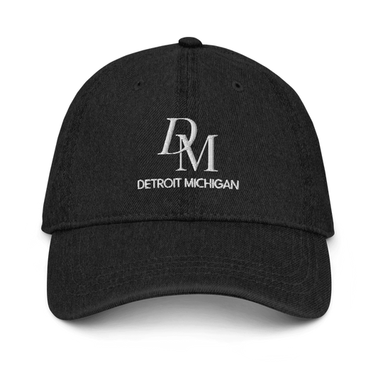 'DM Detroit Michigan' Denim Baseball Cap (Luxury Goods Parody) | White/Black Embroidery - Circumspice Michigan