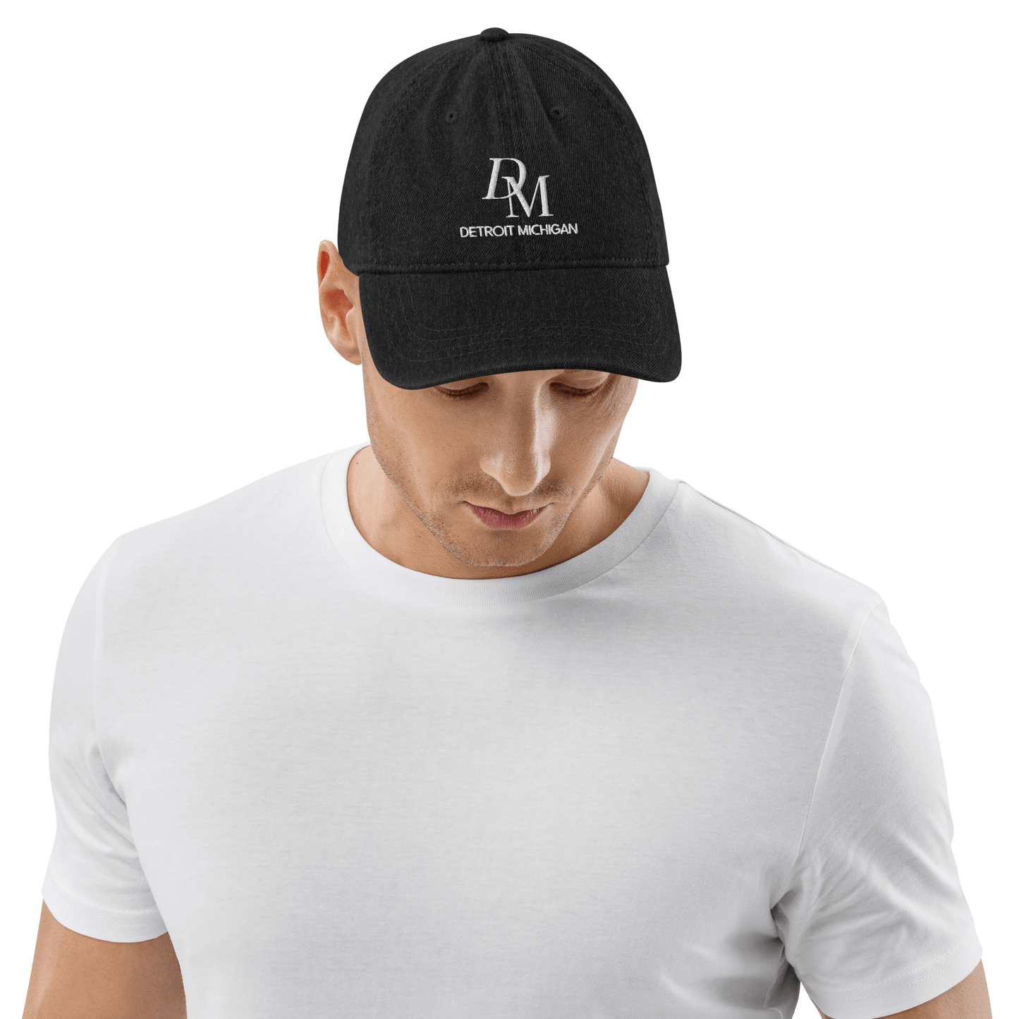 'DM Detroit Michigan' Denim Baseball Cap (Luxury Goods Parody) | White/Black Embroidery - Circumspice Michigan