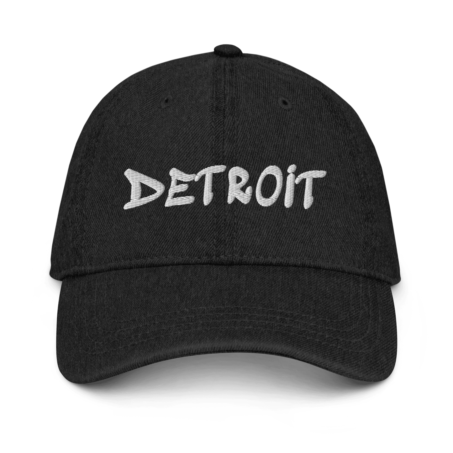 'Detroit' Denim Baseball Cap (Hip-Hop Font) | White/Black Embroidery - Circumspice Michigan