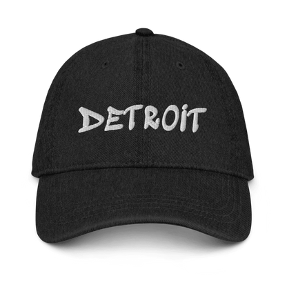 'Detroit' Denim Baseball Cap (Hip-Hop Font) | White/Black Embroidery - Circumspice Michigan