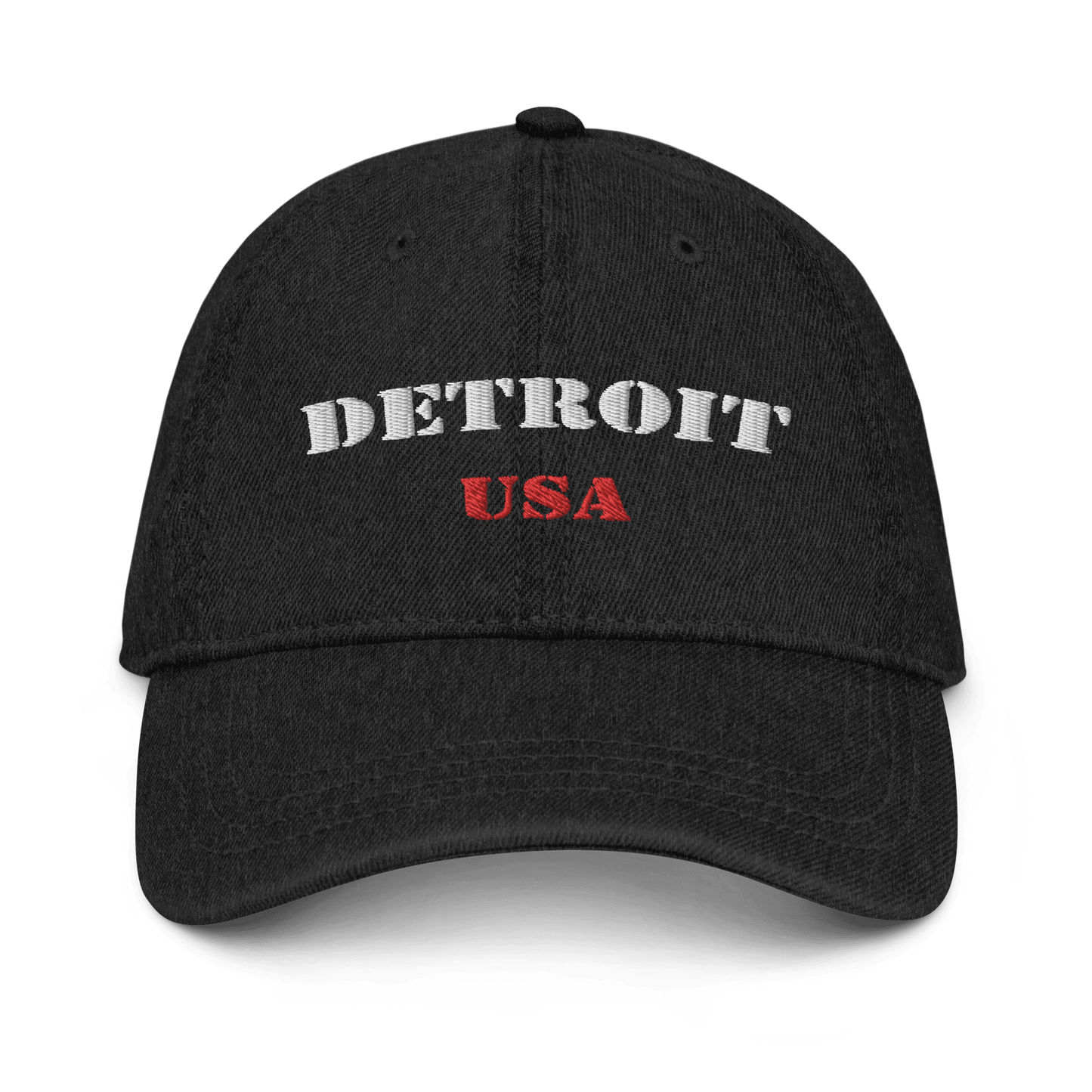 'Detroit USA' Denim Baseball Cap (Army Font) | White/Navy Embroidery - Circumspice Michigan