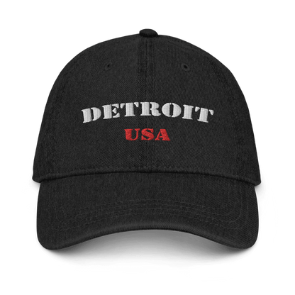 'Detroit USA' Denim Baseball Cap (Army Font) | White/Navy Embroidery - Circumspice Michigan