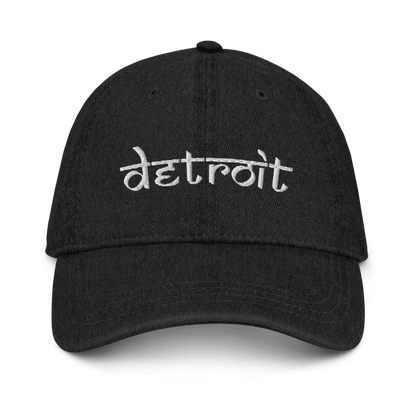 'Detroit' Denim Baseball Cap (South Asian-Style Font) | White Embroidery - Circumspice Michigan