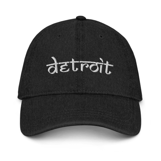 'Detroit' Denim Baseball Cap (South Asian-Style Font) | White Embroidery - Circumspice Michigan