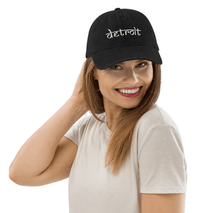 'Detroit' Denim Baseball Cap (South Asian-Style Font) | White Embroidery - Circumspice Michigan