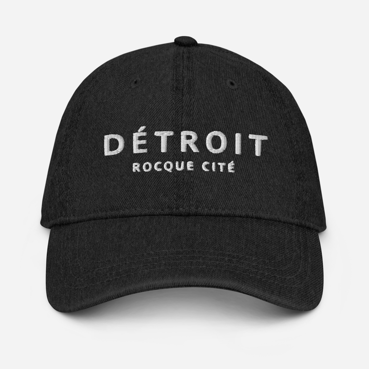 'Détroit Rocque Cité' Denim Baseball Cap | White/Navy Embroidery