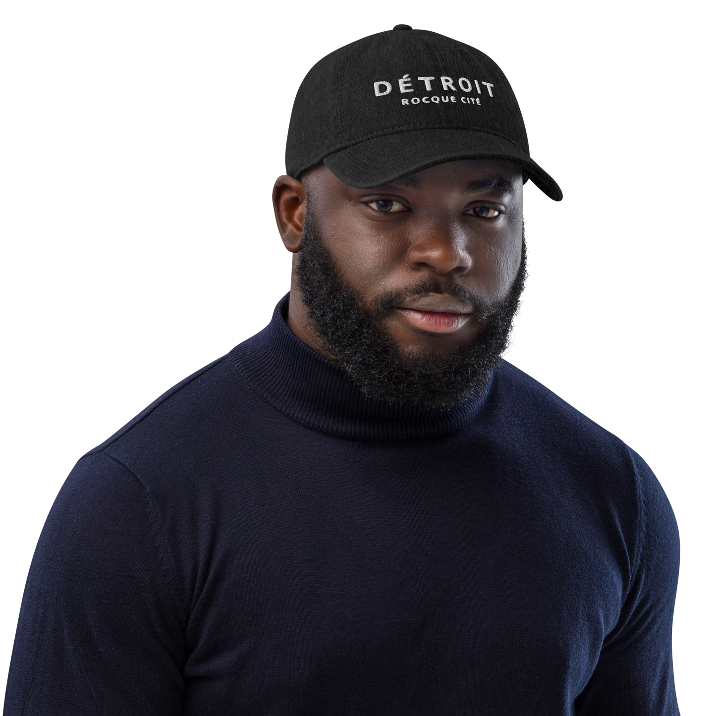 'Détroit Rocque Cité' Denim Baseball Cap | White/Navy Embroidery