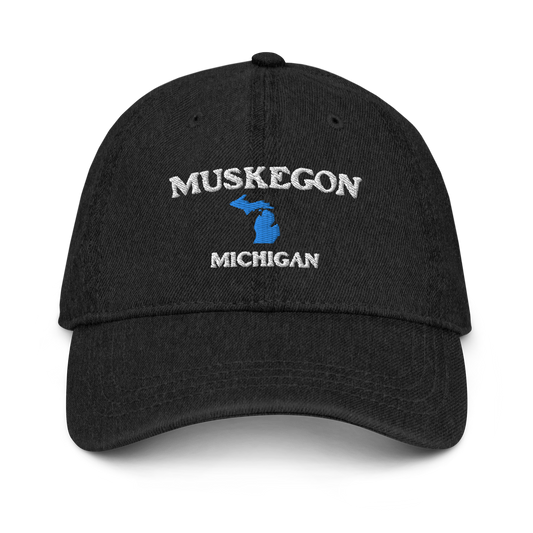 'Muskegon Michigan' Denim Baseball Cap (w/ Michigan Outline)