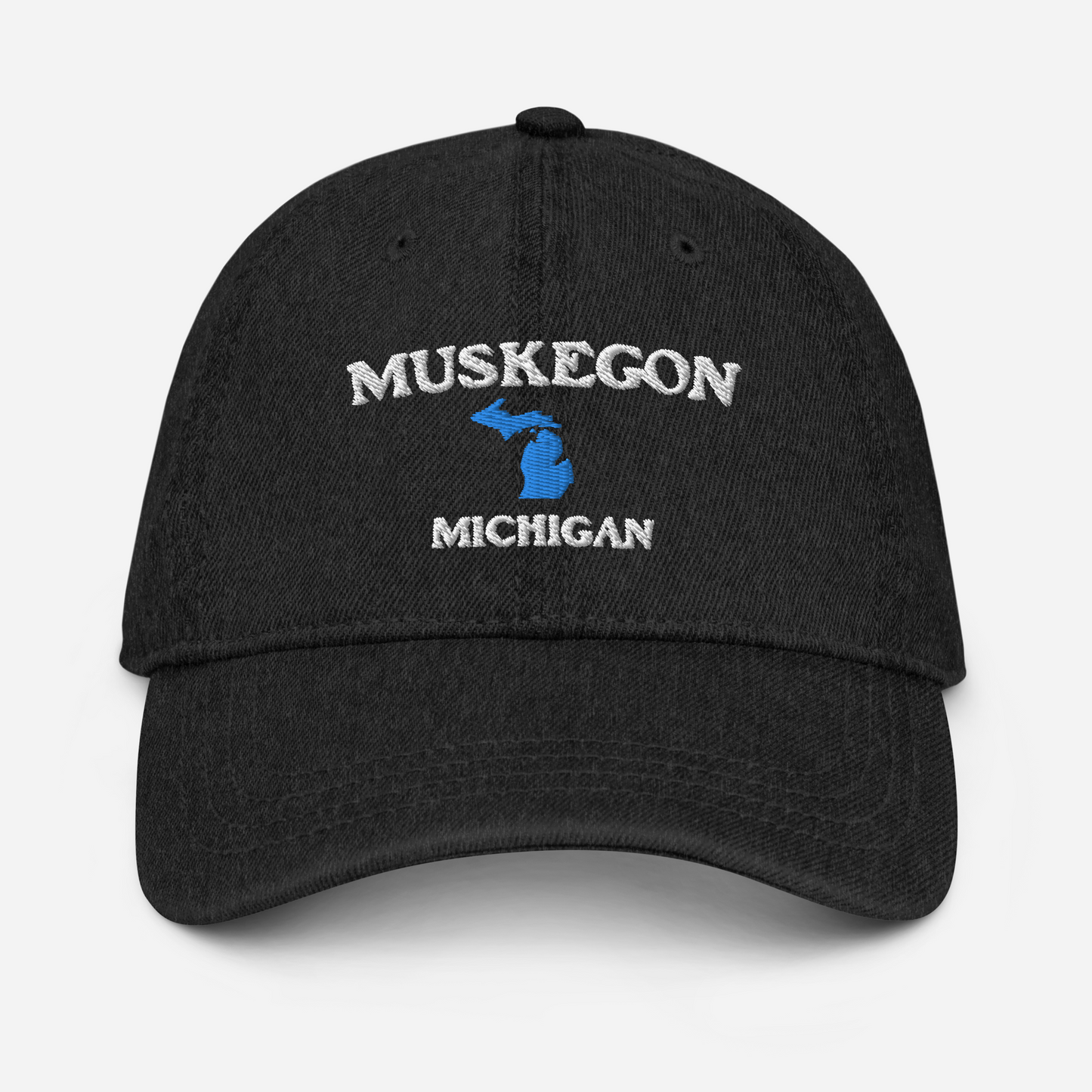 'Muskegon Michigan' Denim Baseball Cap (w/ Michigan Outline)