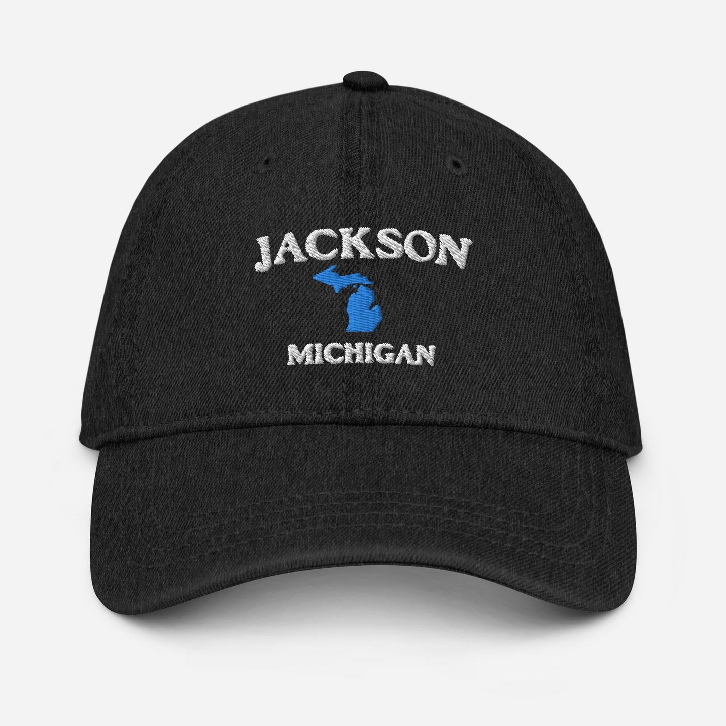 'Jackson Michigan' Denim Baseball Hat (w/ Michigan Outline)