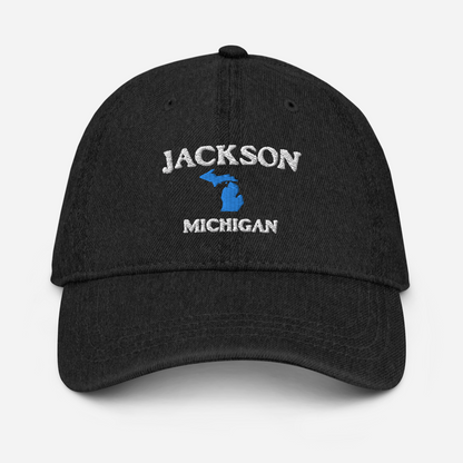 'Jackson Michigan' Denim Baseball Hat (w/ Michigan Outline)