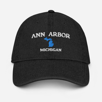 'Ann Arbor Michigan' Denim Baseball Cap (w/ Michigan Outline)