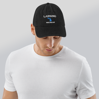 'Lansing Michigan' Denim Baseball Cap (w/ Michigan Outline)