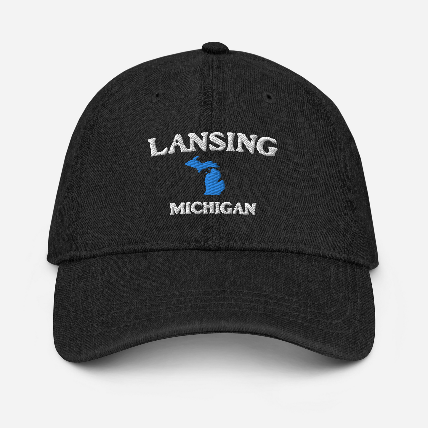 'Lansing Michigan' Denim Baseball Cap (w/ Michigan Outline)