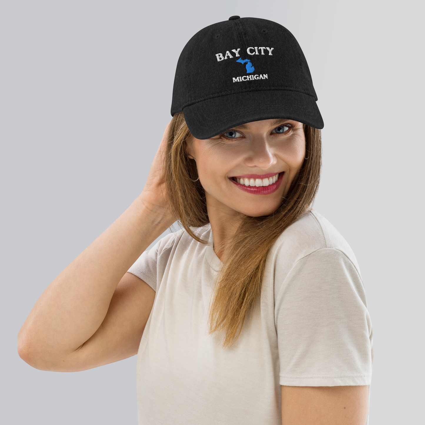 'Bay City Michigan' Denim Baseball Cap (w/ Michigan Outline)