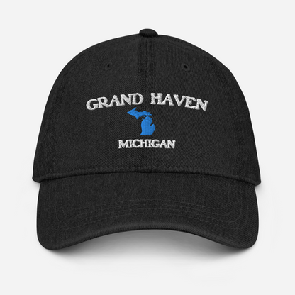 'Grand Haven Michigan' Denim Baseball Cap (w/ Michigan Outline)