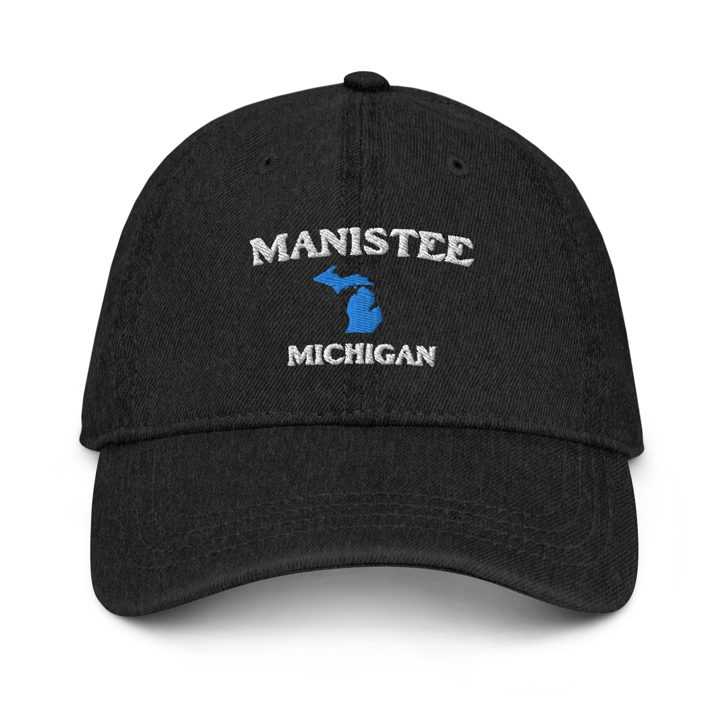 'Manistee Michigan' Denim Baseball Cap (w/ Michigan Outline)