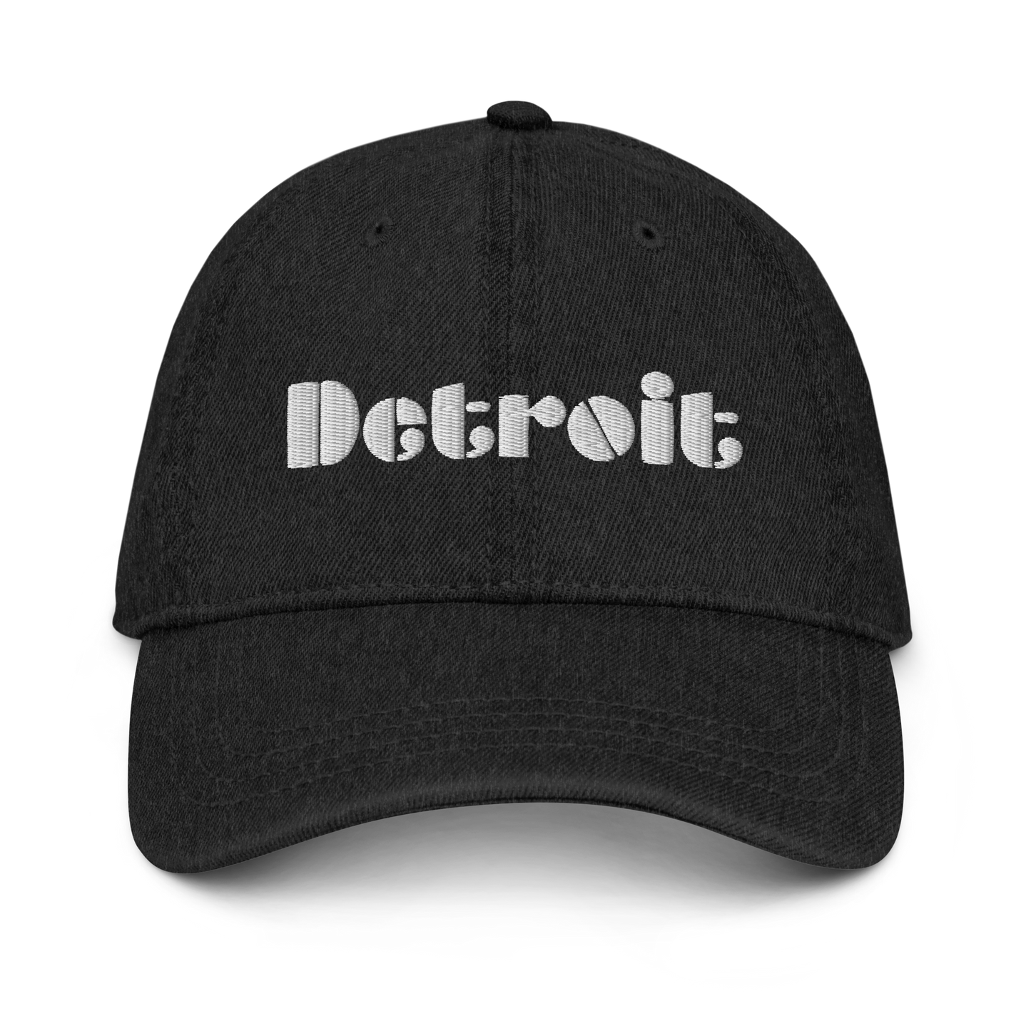 'Detroit' Denim Baseball Cap (Art Deco Font) | White/Black Embroidery