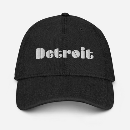 'Detroit' Denim Baseball Cap (Art Deco Font) | White/Black Embroidery