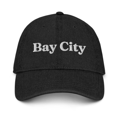 'Bay City' Denim Baseball Cap | White/Black Embroidery