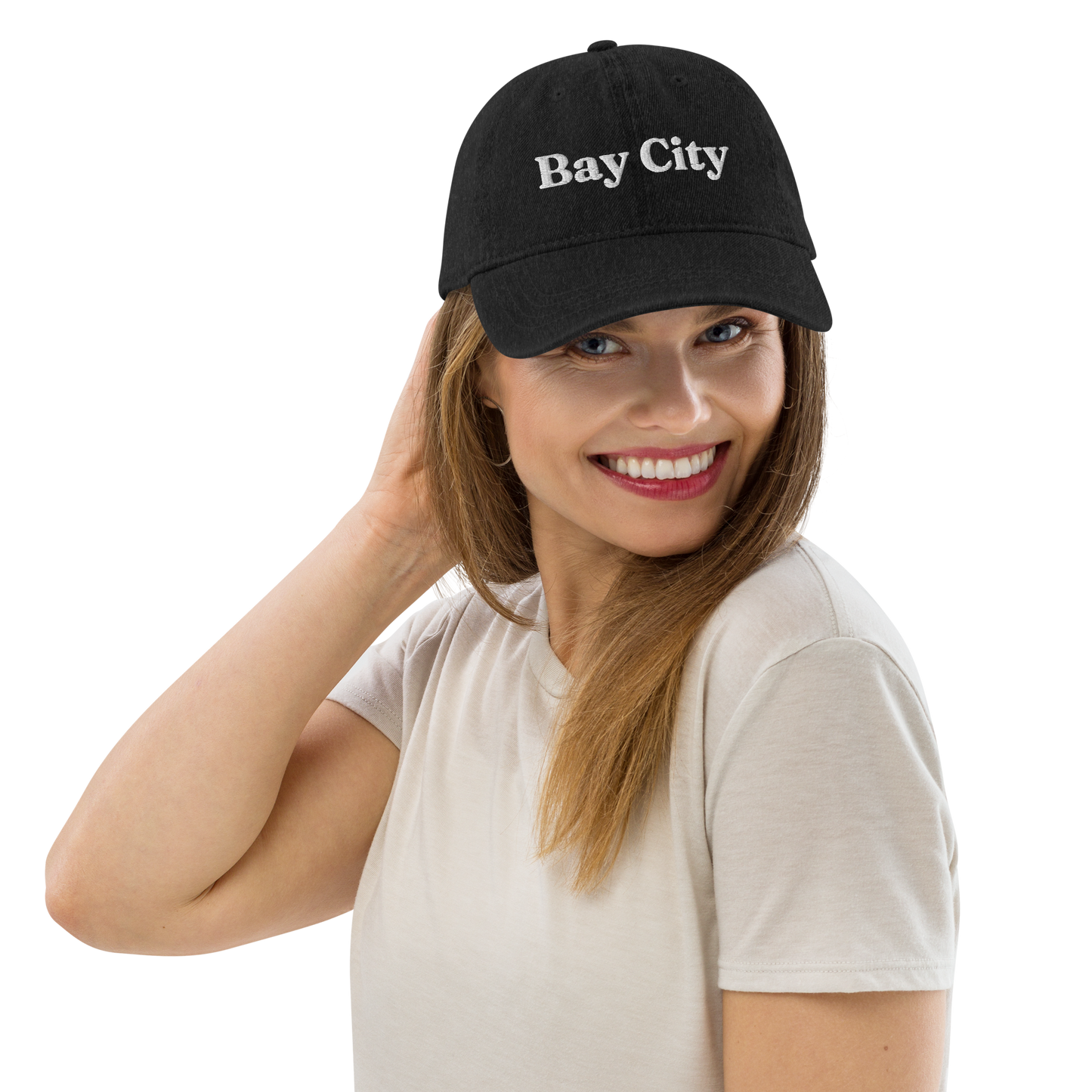'Bay City' Denim Baseball Cap | White/Black Embroidery