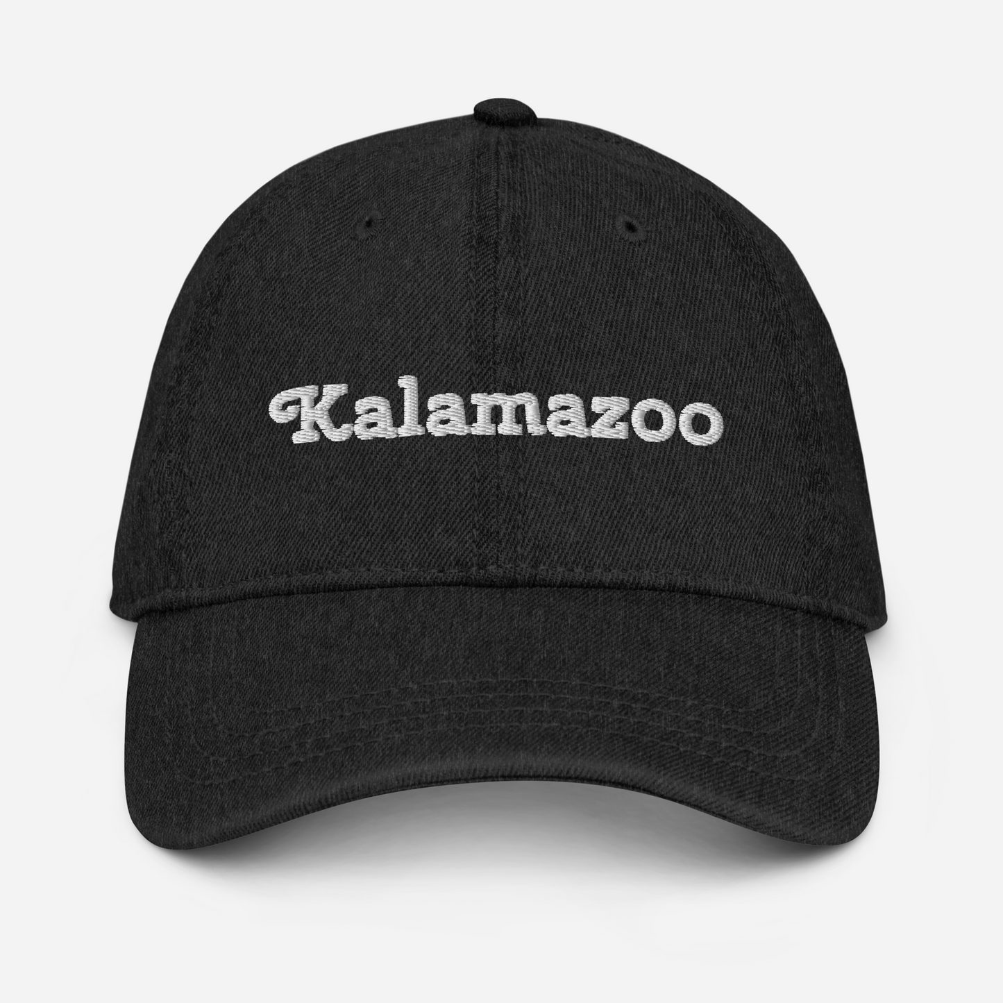 'Kalamazoo' Denim Baseball Cap | White/Black Embroidery