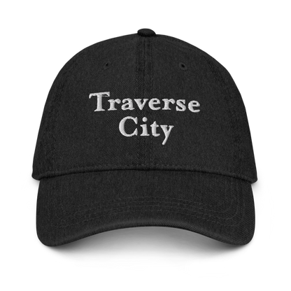 'Traverse City' Denim Baseball Cap | White/Black Embroidery