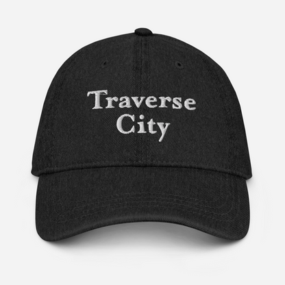 'Traverse City' Denim Baseball Cap | White/Black Embroidery