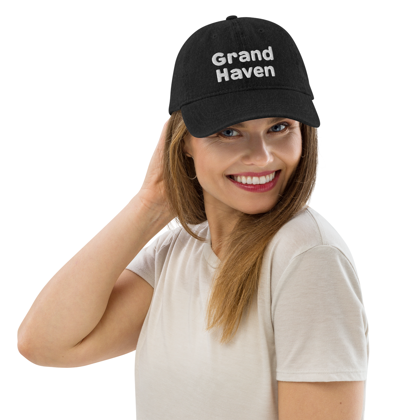 'Grand Haven' Denim Baseball Cap | White/Black Embroidery