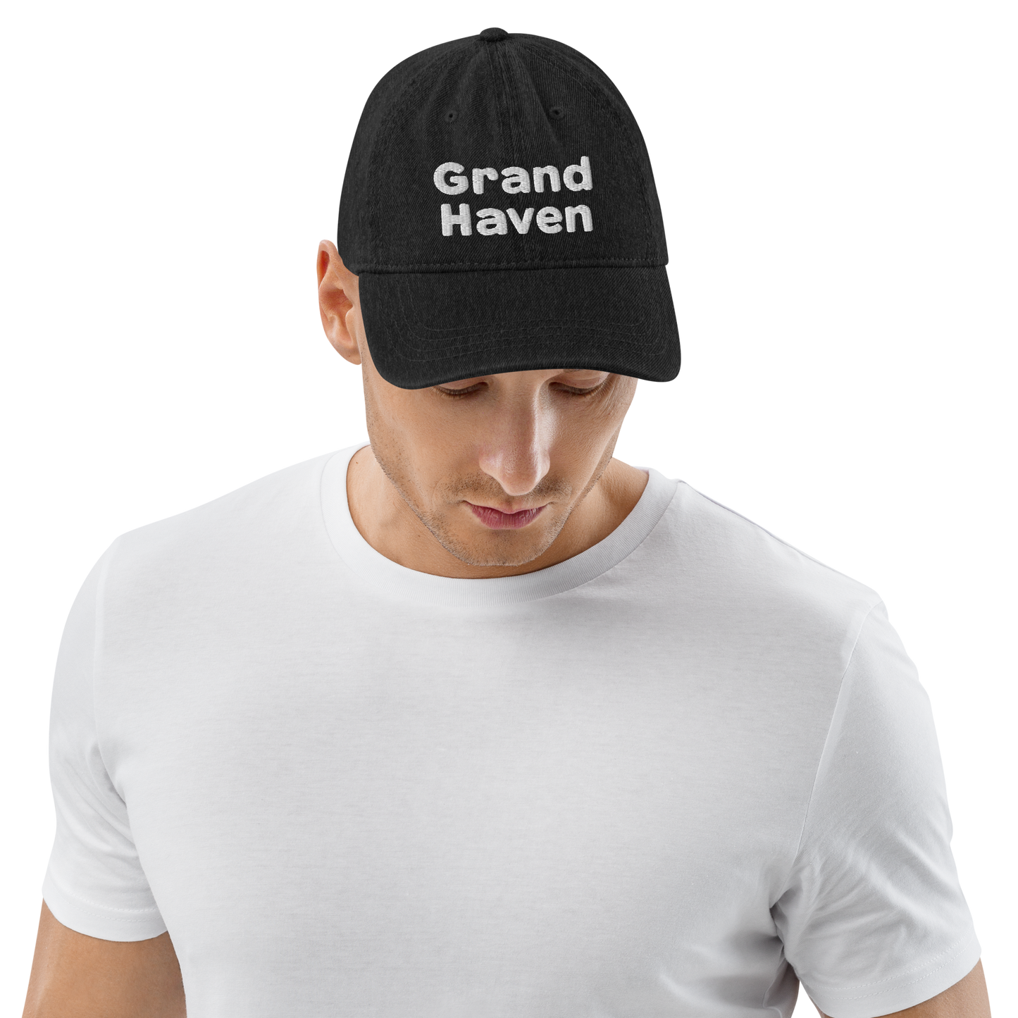 'Grand Haven' Denim Baseball Cap | White/Black Embroidery