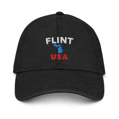 'Flint USA' Denim Baseball Cap (w/ Michigan Outline)