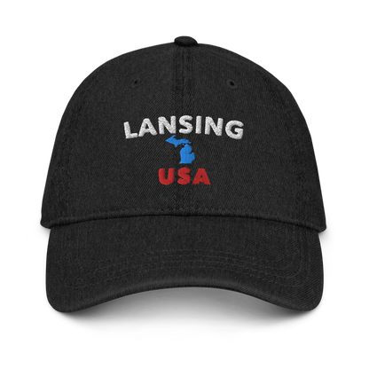 'Lansing USA' Denim Baseball Cap (w/ Michigan Outline)