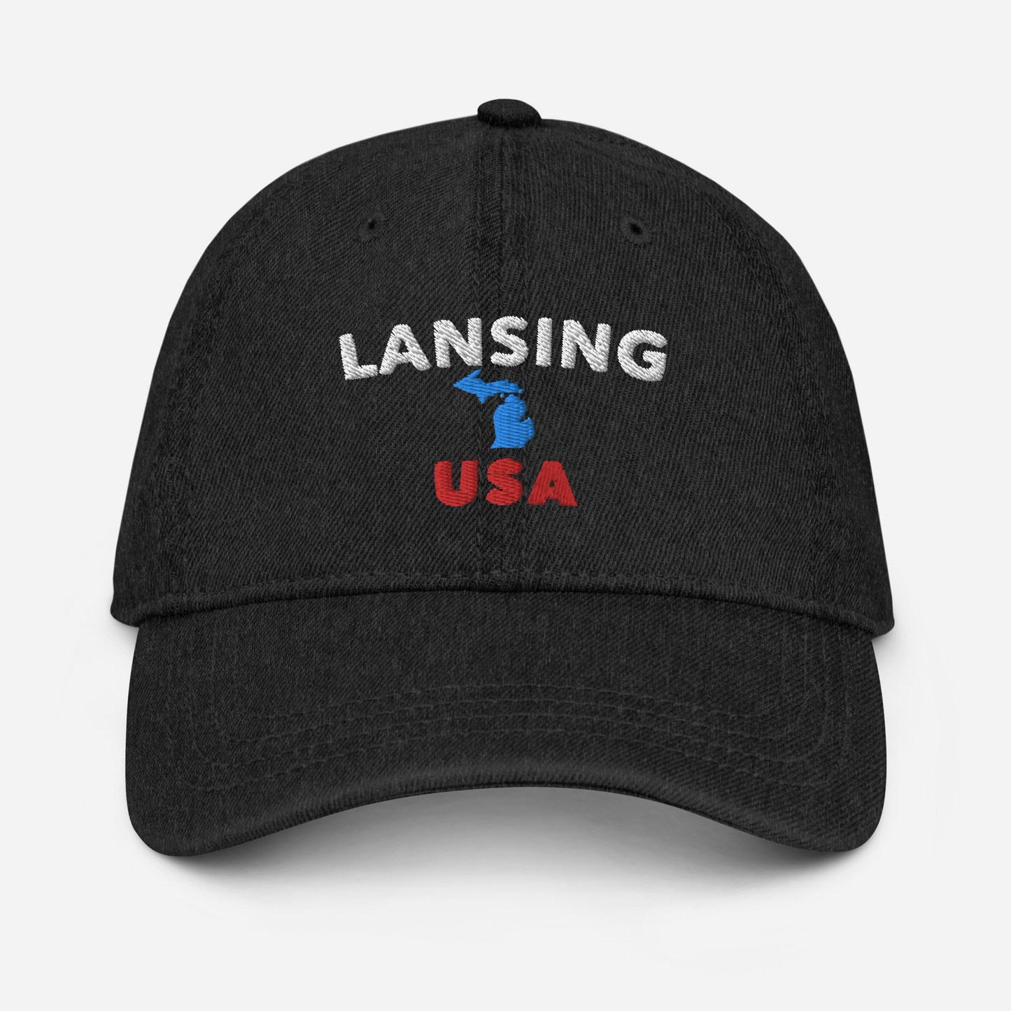 'Lansing USA' Denim Baseball Cap (w/ Michigan Outline)