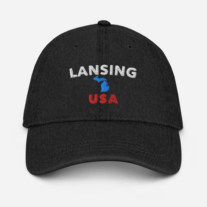 'Lansing USA' Denim Baseball Cap (w/ Michigan Outline)