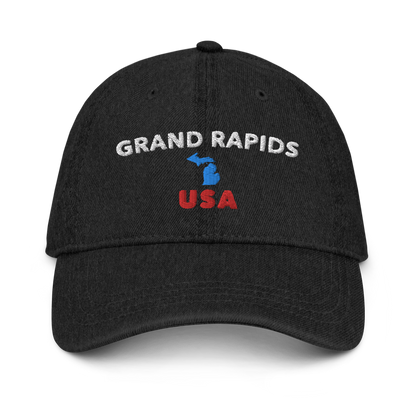 'Grand Rapids USA' Denim Baseball Caps (w/ Michigan Outline)