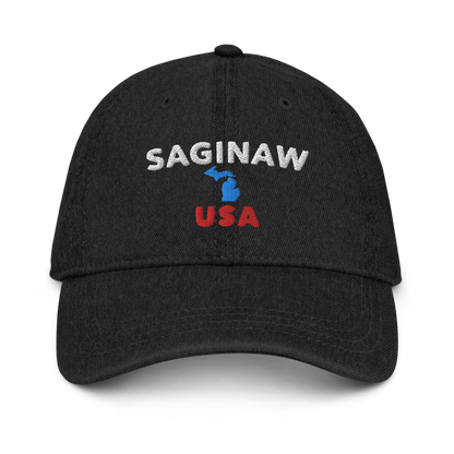 'Saginaw USA' Denim Baseball Cap (w/ Michigan Outline)