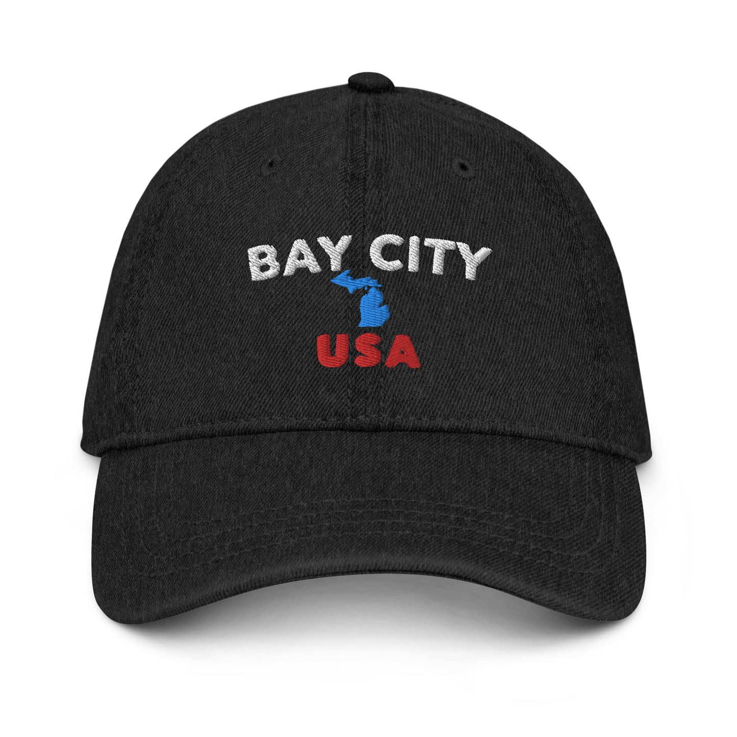 'Bay City USA' Denim Baseball Cap (w/ Michigan Outline)