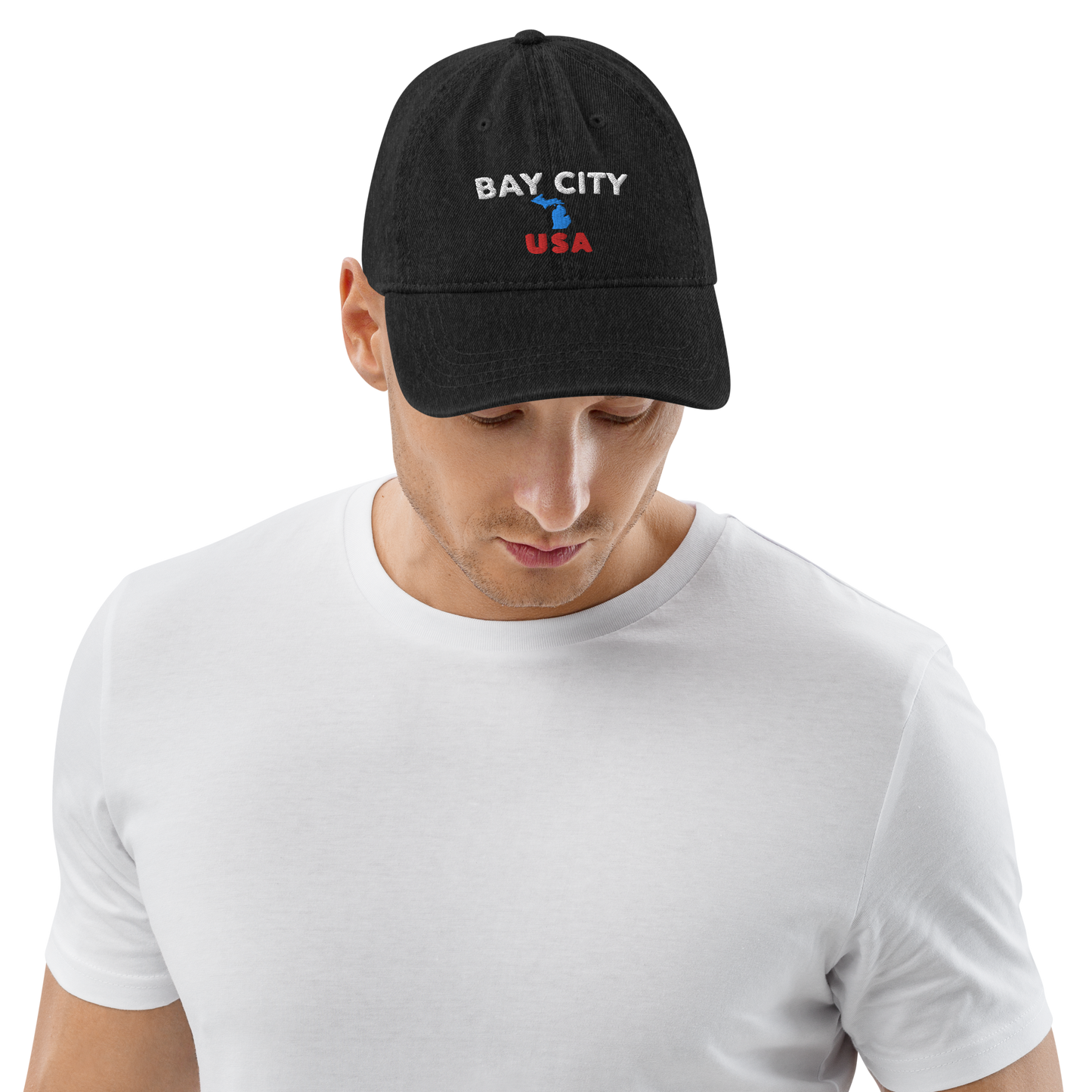 'Bay City USA' Denim Baseball Cap (w/ Michigan Outline)