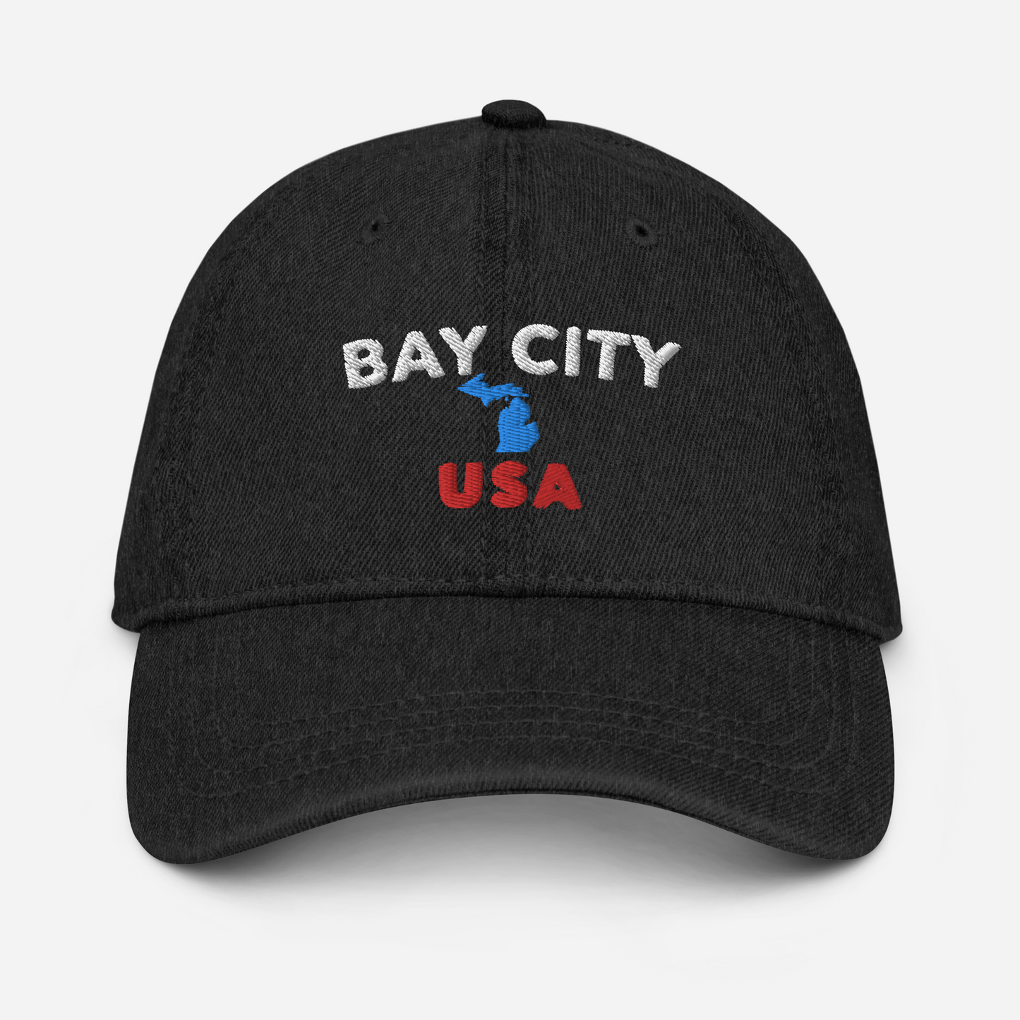 'Bay City USA' Denim Baseball Cap (w/ Michigan Outline)