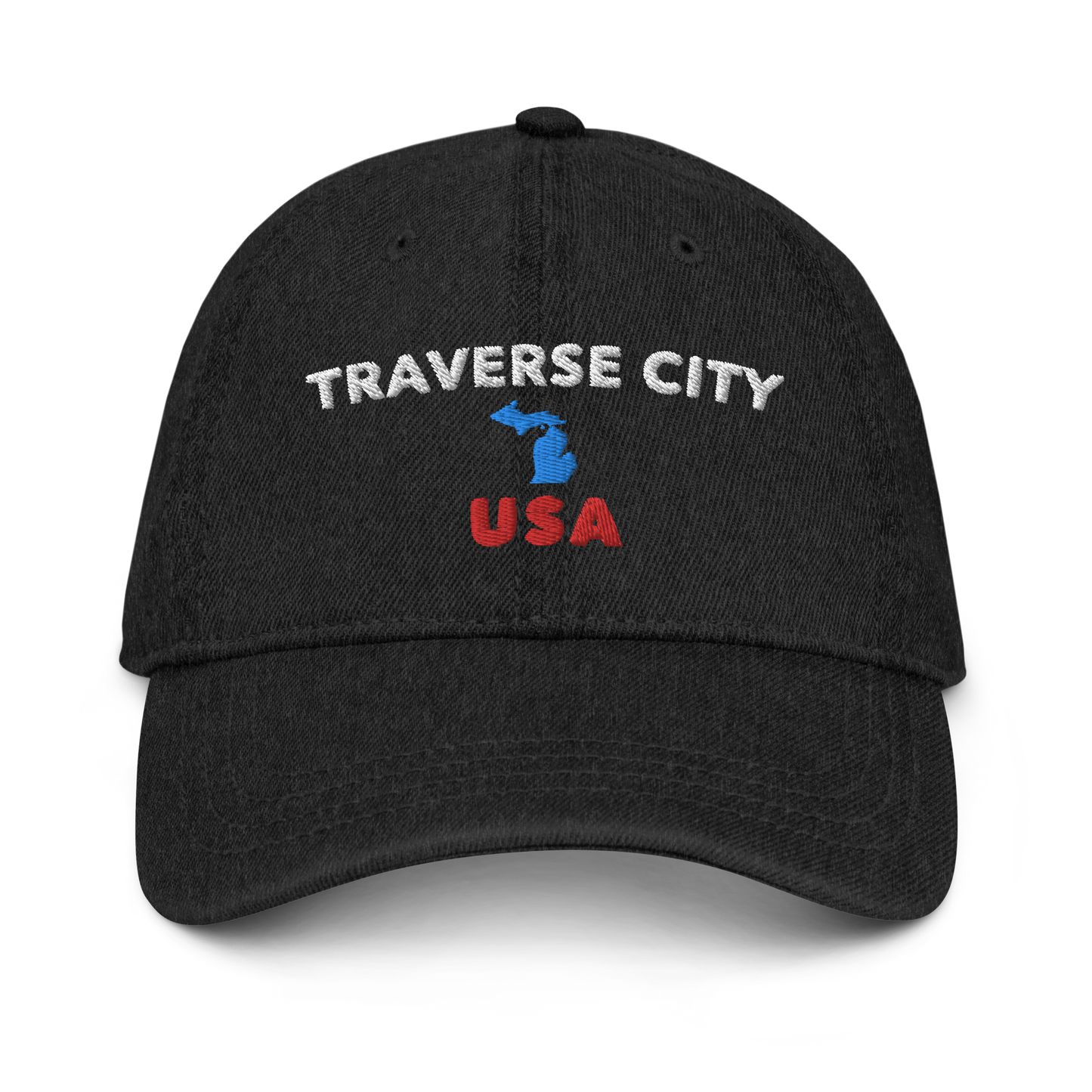 'Traverse City USA' Denim Baseball Cap (w/ Michigan Outline)