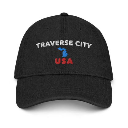 'Traverse City USA' Denim Baseball Cap (w/ Michigan Outline)