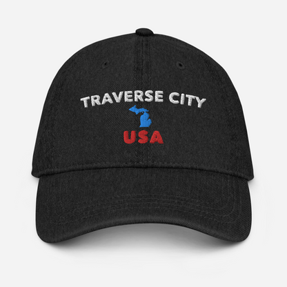 'Traverse City USA' Denim Baseball Cap (w/ Michigan Outline)