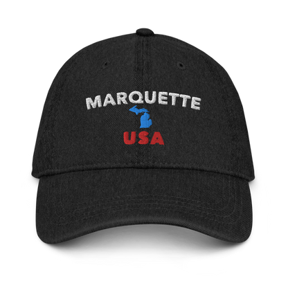 'Marquette USA' Denim Baseball Hat (w/ Michigan Outline)